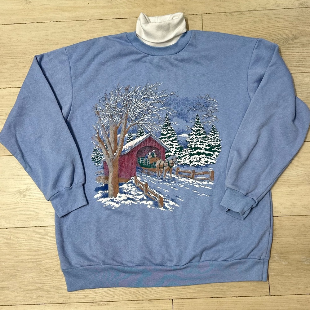 Vintage Basic‎ Blue Winter Horse 🐎 Scene Sweater Medium Made in Canada